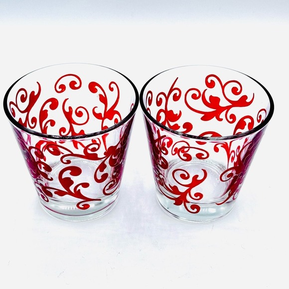 Set of 4 Vintage Cerve Italy‎ Drink Lowball Glasses Red Swirl Pattern MCM 3.25” - Picture 7 of 10